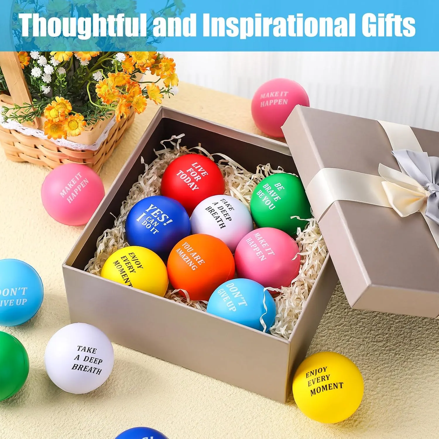 Lenwen 50 Pcs 2.5 Inch Inspirational Colorful Stress Squeeze Balls Pack Motivational Anxiety Relief Small Foam Balls for Adult Girls Boys Employee Gifts (You are Amazing)