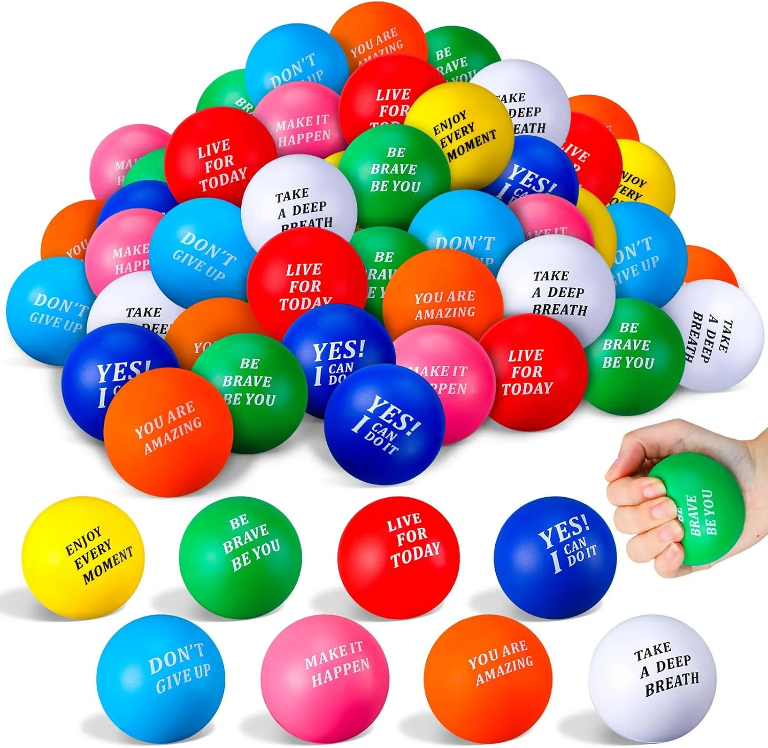 Lenwen 50 Pcs 2.5 Inch Inspirational Colorful Stress Squeeze Balls Pack Motivational Anxiety Relief Small Foam Balls for Adult Girls Boys Employee Gifts (You are Amazing)