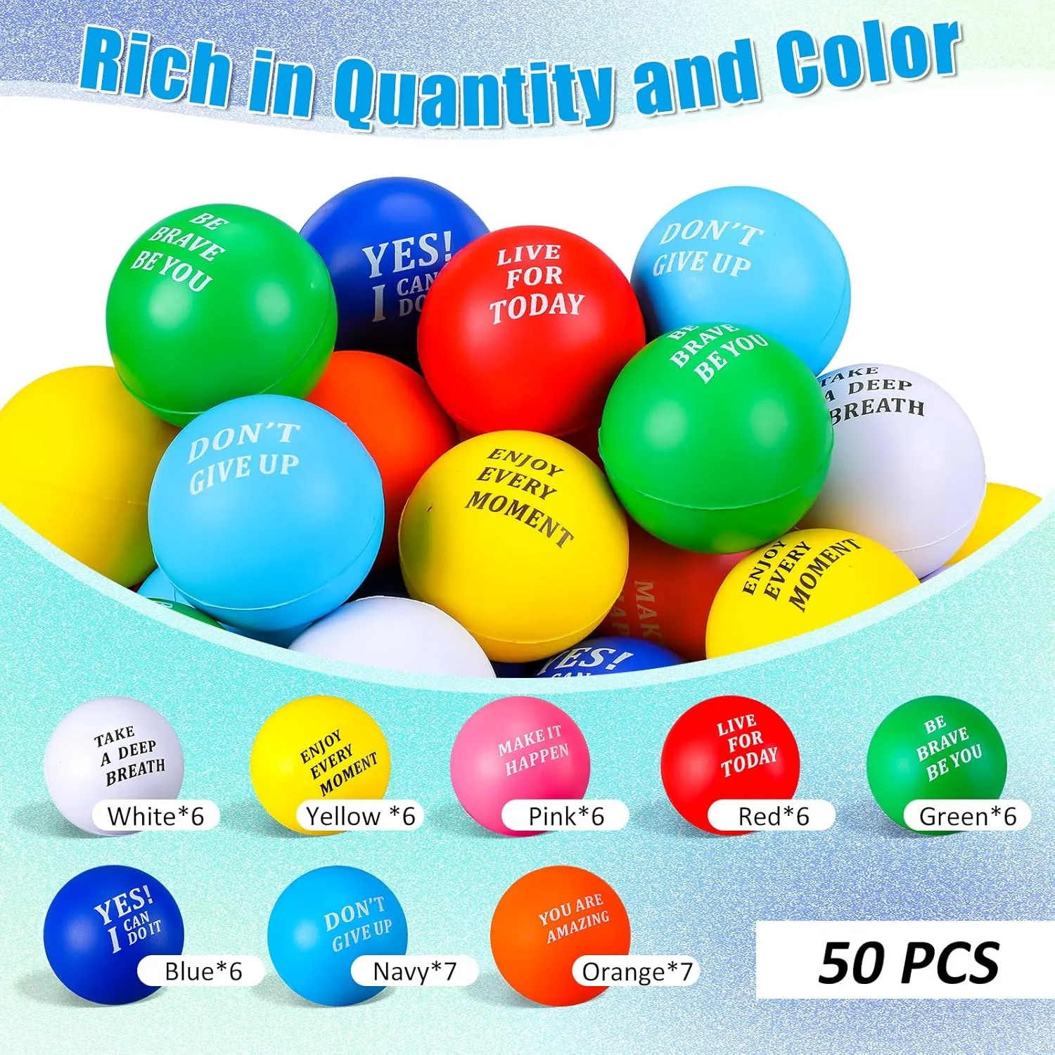 Lenwen 50 Pcs 2.5 Inch Inspirational Colorful Stress Squeeze Balls Pack Motivational Anxiety Relief Small Foam Balls for Adult Girls Boys Employee Gifts (You are Amazing)