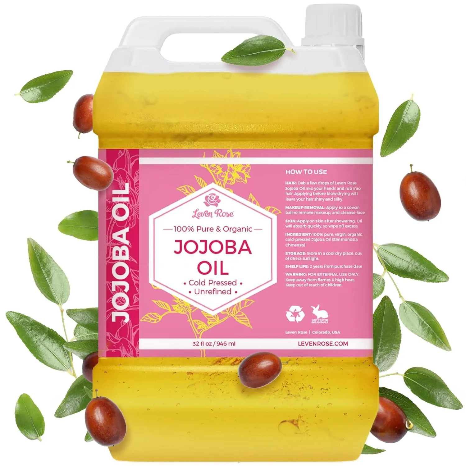 Leven Rose Jojoba Oil Bulk Wholesale Large 32 oz for Soap, Skin, Hair and Nails