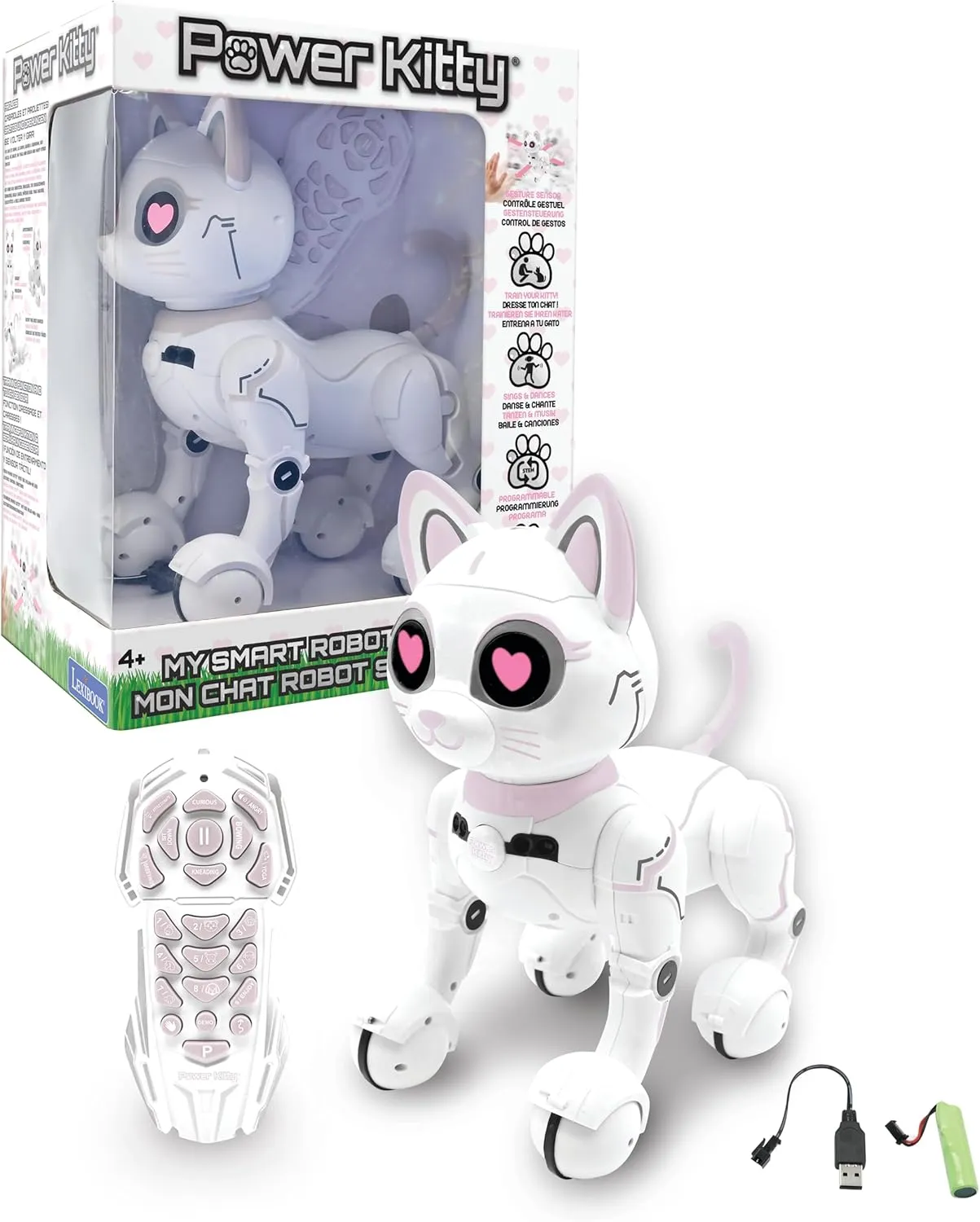 Lexibook - Power Kitty® - Remote Control Robot Cat, Programmable Smart Robot, Light, Sound, White/Pink - KITTY01