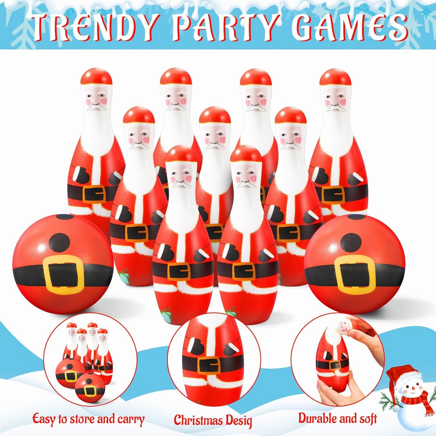 Libima 12 Pcs Christmas Bowling Set Santa Claus Snowman Bowling Set 10 Soft Foam Bowling Pins 2 Bowling Balls Set Toy Bowling Set for Game Indoor Outdoor Xmas Party Supplies