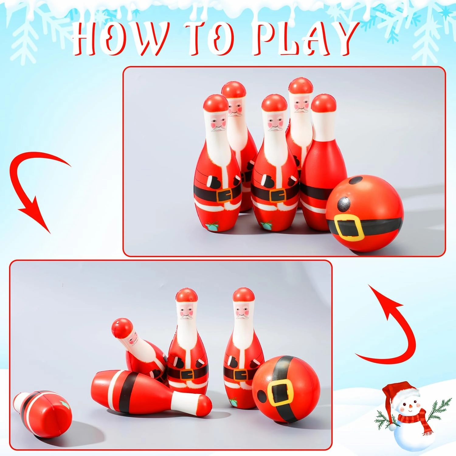 Libima 12 Pcs Christmas Bowling Set Santa Claus Snowman Bowling Set 10 Soft Foam Bowling Pins 2 Bowling Balls Set Toy Bowling Set for Game Indoor Outdoor Xmas Party Supplies