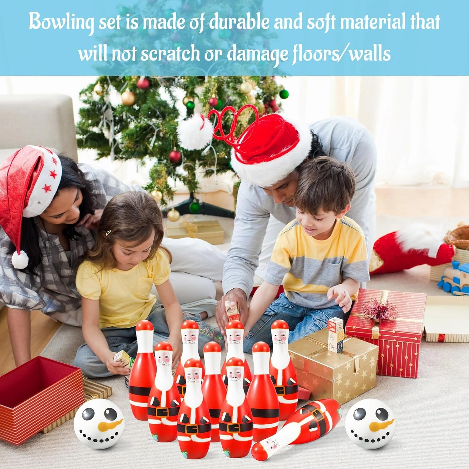 Libima 12 Pcs Christmas Bowling Set Santa Claus Snowman Bowling Set 10 Soft Foam Bowling Pins 2 Bowling Balls Set Toy Bowling Set for Game Indoor Outdoor Xmas Party Supplies