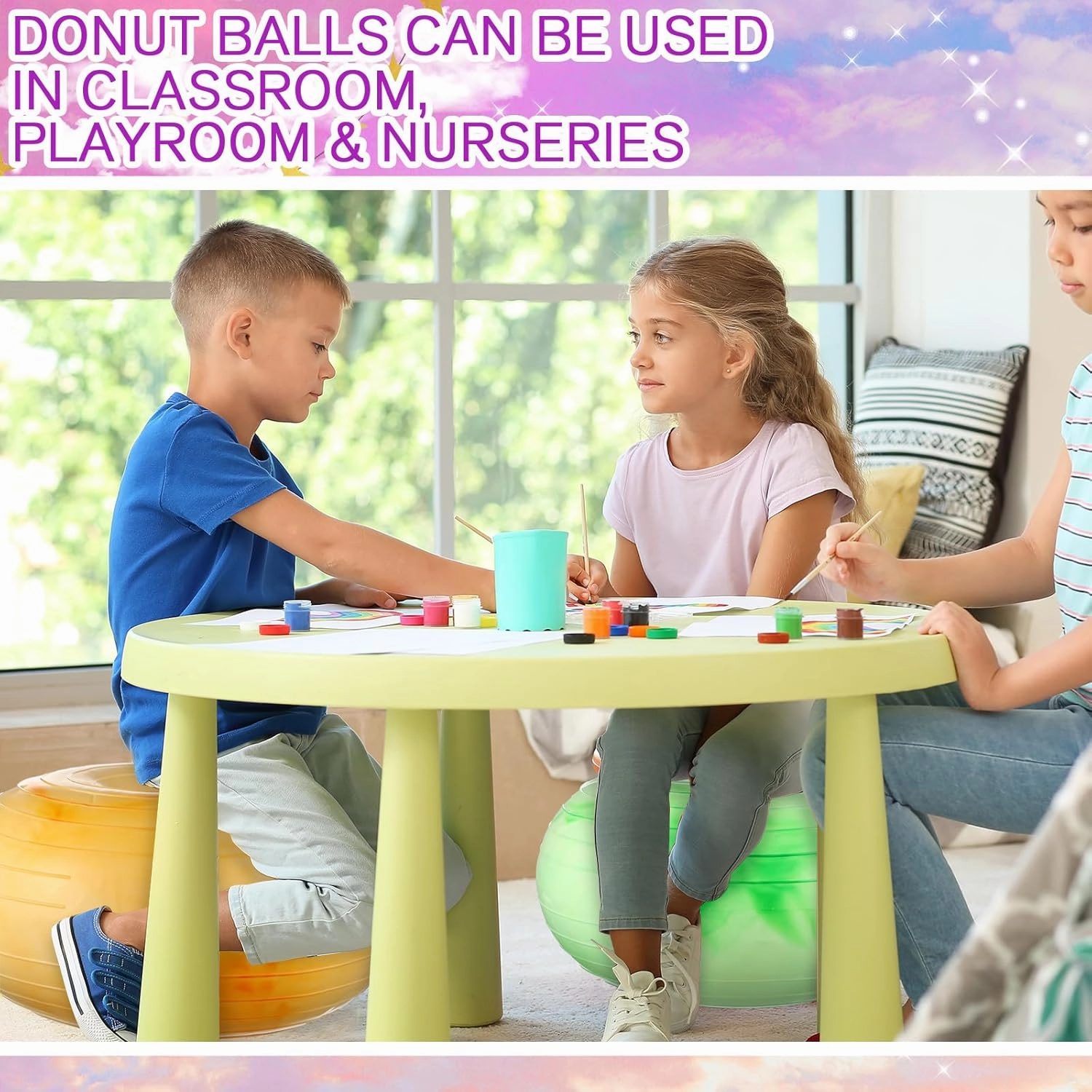 Libima 4 Pcs Flexible Seating for Classroom Inflatable Yoga Ball Chairs with Pump Donut Exercise Ball Chair Cushion Seat for Balance and Stability Training Home Office Gym Workout