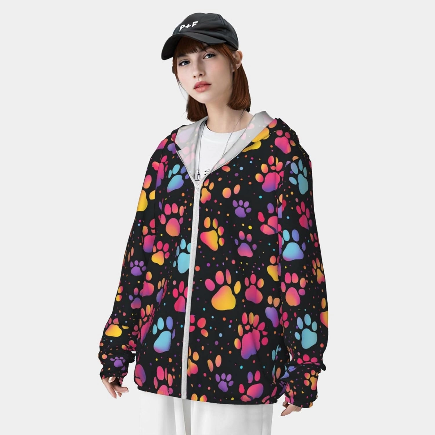 Lightweight UV Protection Sun Jacket, Colorful Paw Print Sportswear Hooded Sunblock Shirt for Outdoor