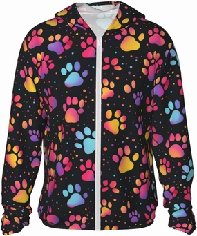 Lightweight UV Protection Sun Jacket, Colorful Paw Print Sportswear Hooded Sunblock Shirt for Outdoor