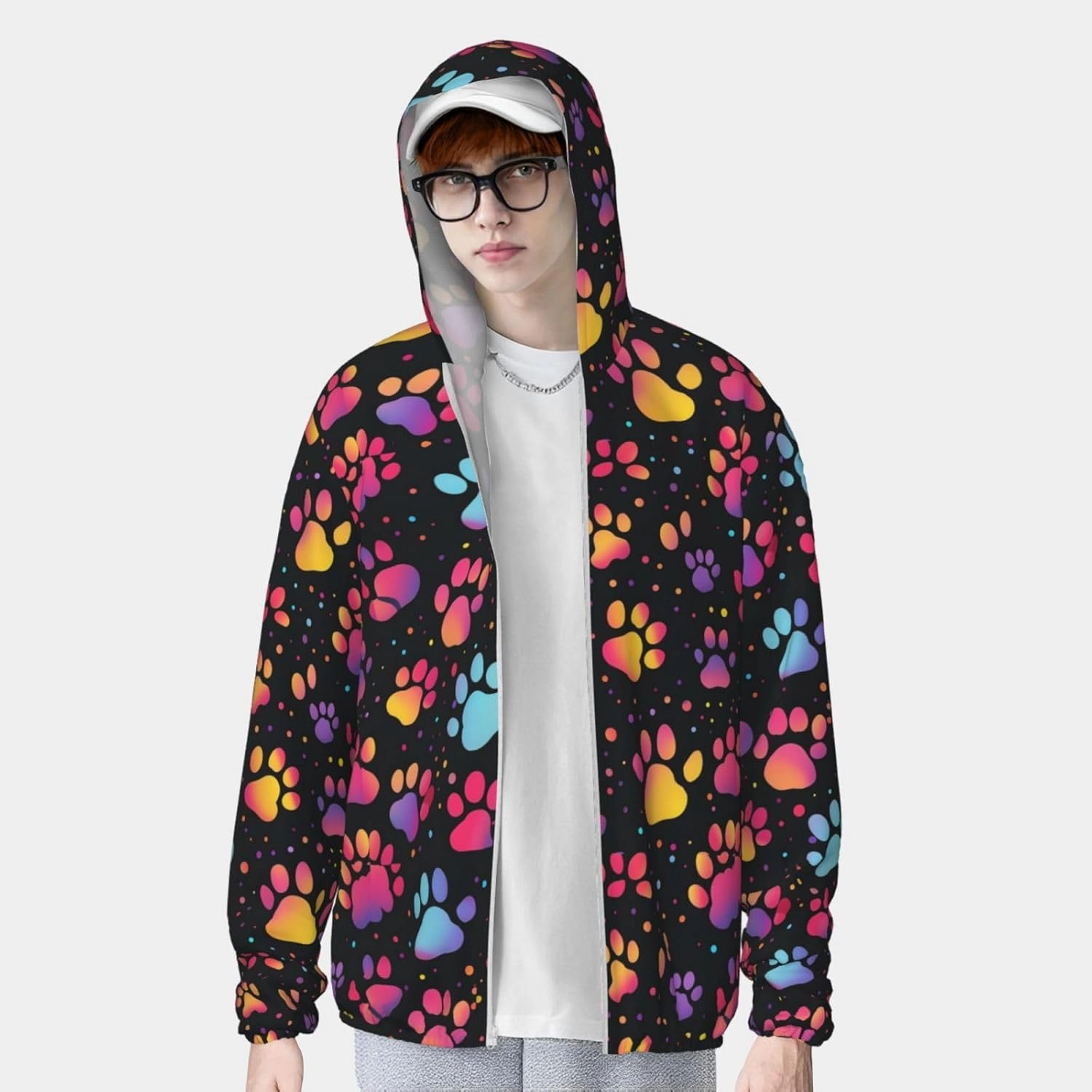 Lightweight UV Protection Sun Jacket, Colorful Paw Print Sportswear Hooded Sunblock Shirt for Outdoor