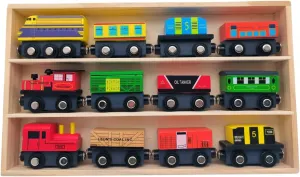 Lil Dreamers Wooden Train Set (12 pcs) with Box,2 Engine Toy Trains for 3  Year Old with Magnetic Trains Cars, Wooden Train Cars, Toddler boy Toys, Compatible with All Major Brands, Wooden Toys