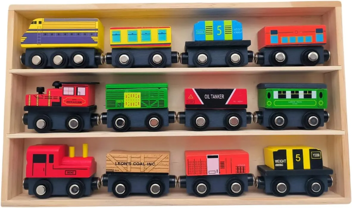 Lil Dreamers Wooden Train Set (12 pcs) with Box,2 Engine Toy Trains for 3  Year Old with Magnetic Trains Cars, Wooden Train Cars, Toddler boy Toys, Compatible with All Major Brands, Wooden Toys