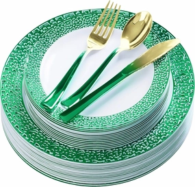 Lime Green Plastic Plates and Light Green Gold Silverware - 125 Pcs Disposable Premium Plastic Dinnerware Set – Reusable Dinner Plates Cutlery set – Birthday Parties, Halloween, Christmas