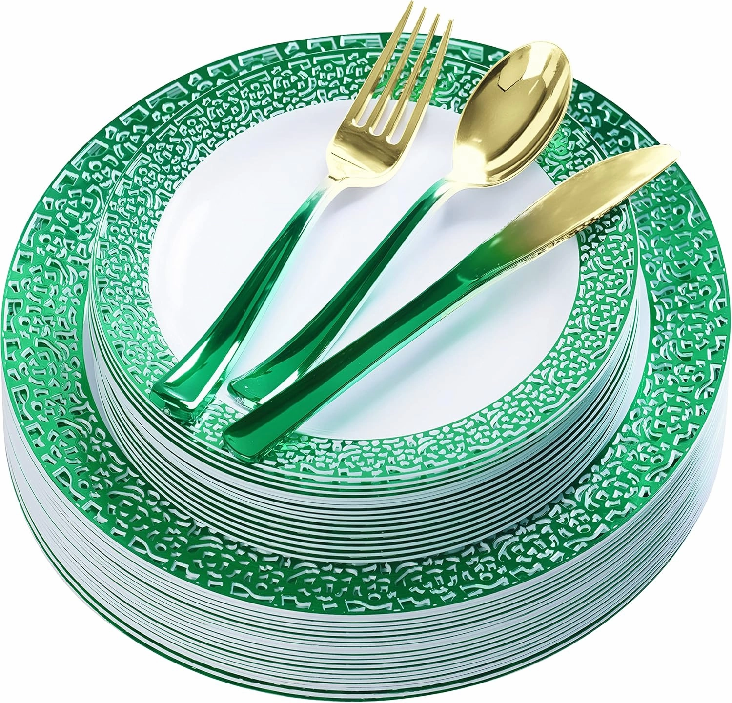 Lime Green Plastic Plates and Light Green Gold Silverware - 125 Pcs Disposable Premium Plastic Dinnerware Set – Reusable Dinner Plates Cutlery set – Birthday Parties, Halloween, Christmas