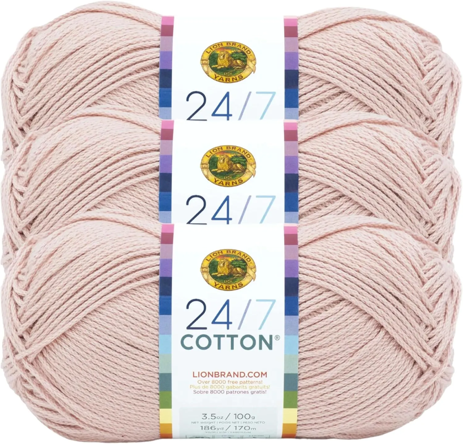 Lion Brand Yarn Lightweight 24/7 Cotton Yarn for Knitting, Crocheting, and Crafts, Beechnut, 3 Pack