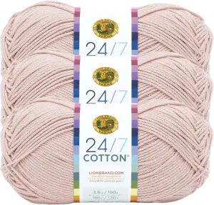 Lion Brand Yarn Lightweight 24/7 Cotton Yarn for Knitting, Crocheting, and Crafts, Beechnut, 3 Pack