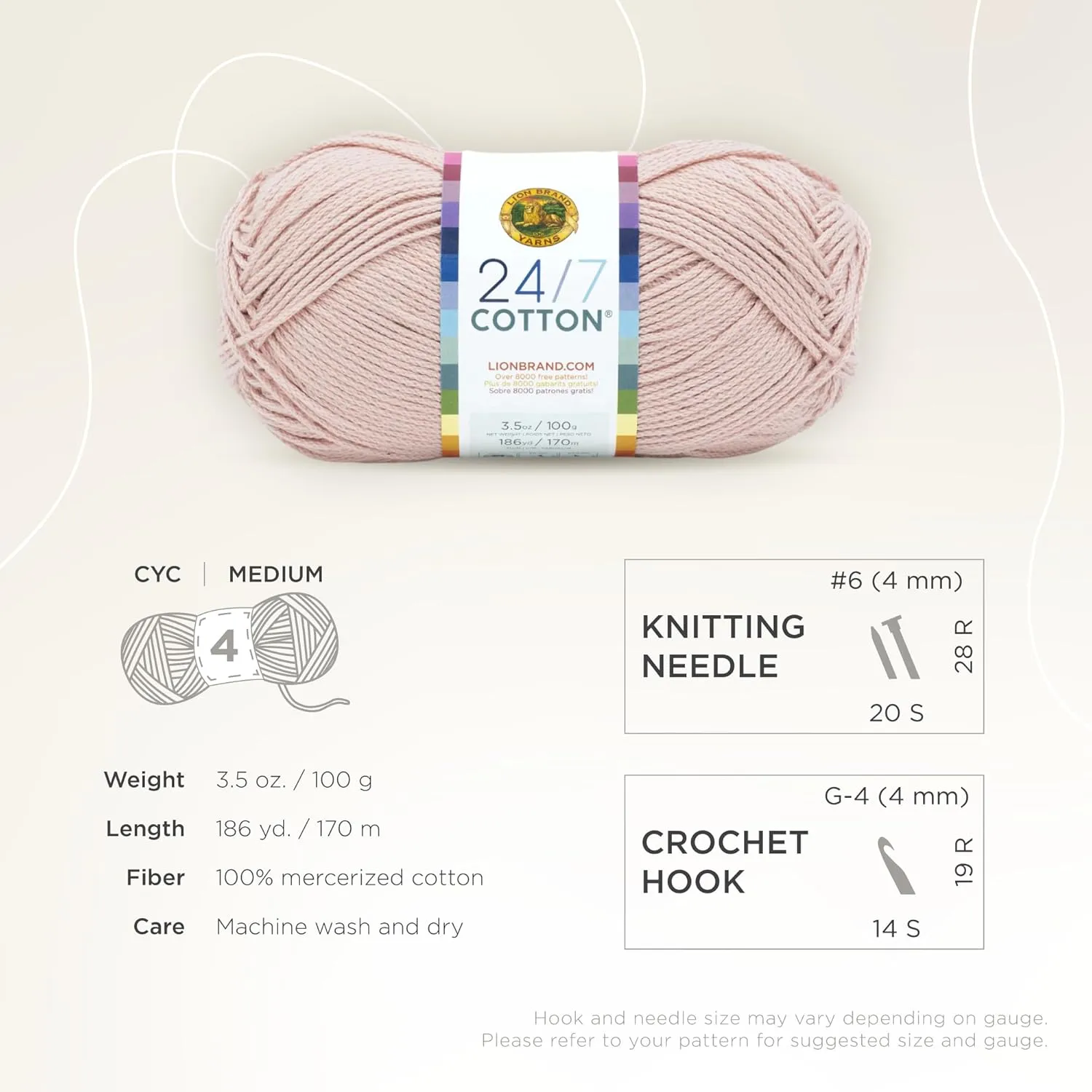 Lion Brand Yarn Lightweight 24/7 Cotton Yarn for Knitting, Crocheting, and Crafts, Beechnut, 3 Pack
