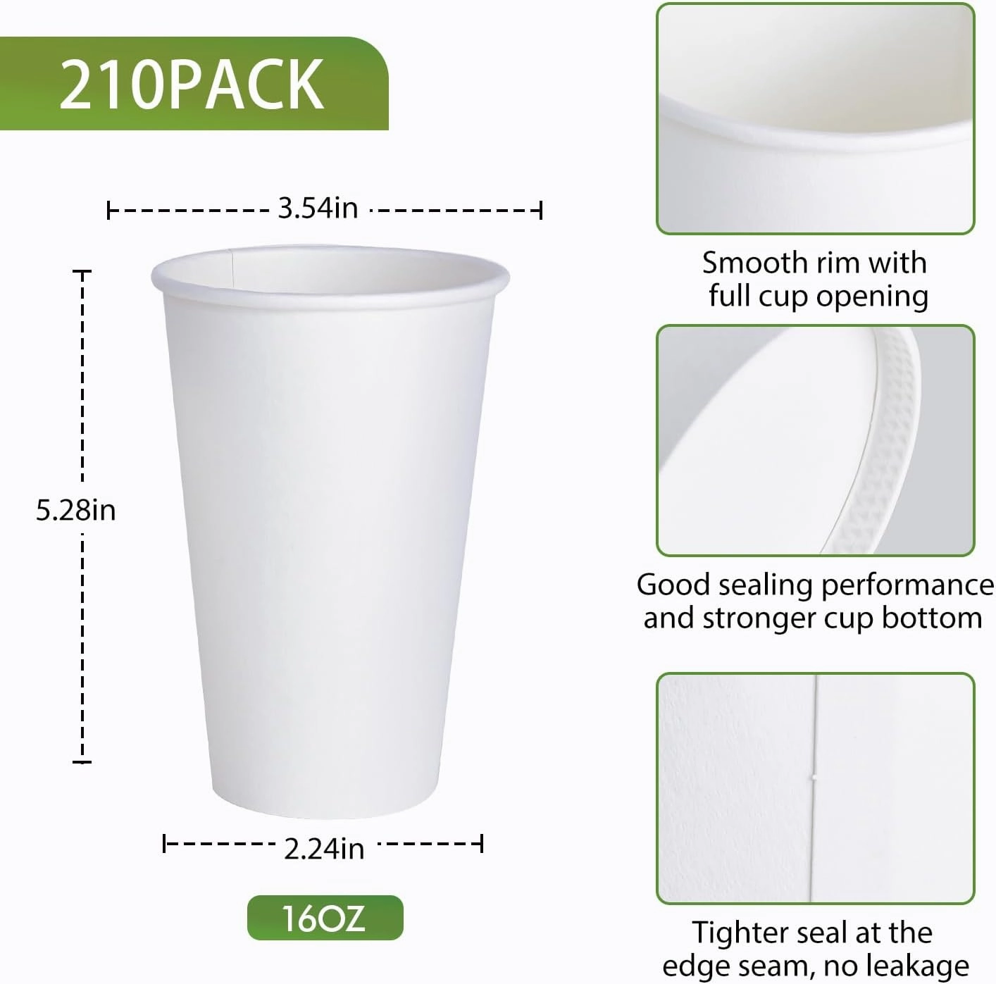 LITOPAK 210 Pack 16 oz Disposable Paper Coffee Cup, Hot/Cold Beverage Drinking Cups for Water, White Paper Hot Coffee Cups, Suitable for Party, Picnic, Travel, and Events