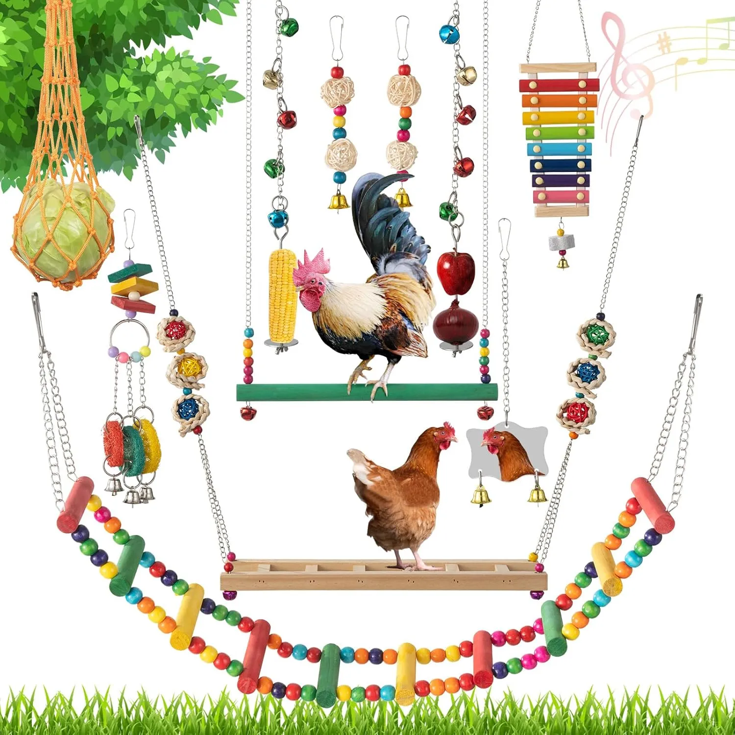 Little World 12PCS Chicken Toys for Coop - Complete Set of Chicken Toy, Coop Accessories Swing Ladder Bridge Mirror Pecking Toy Entertainment