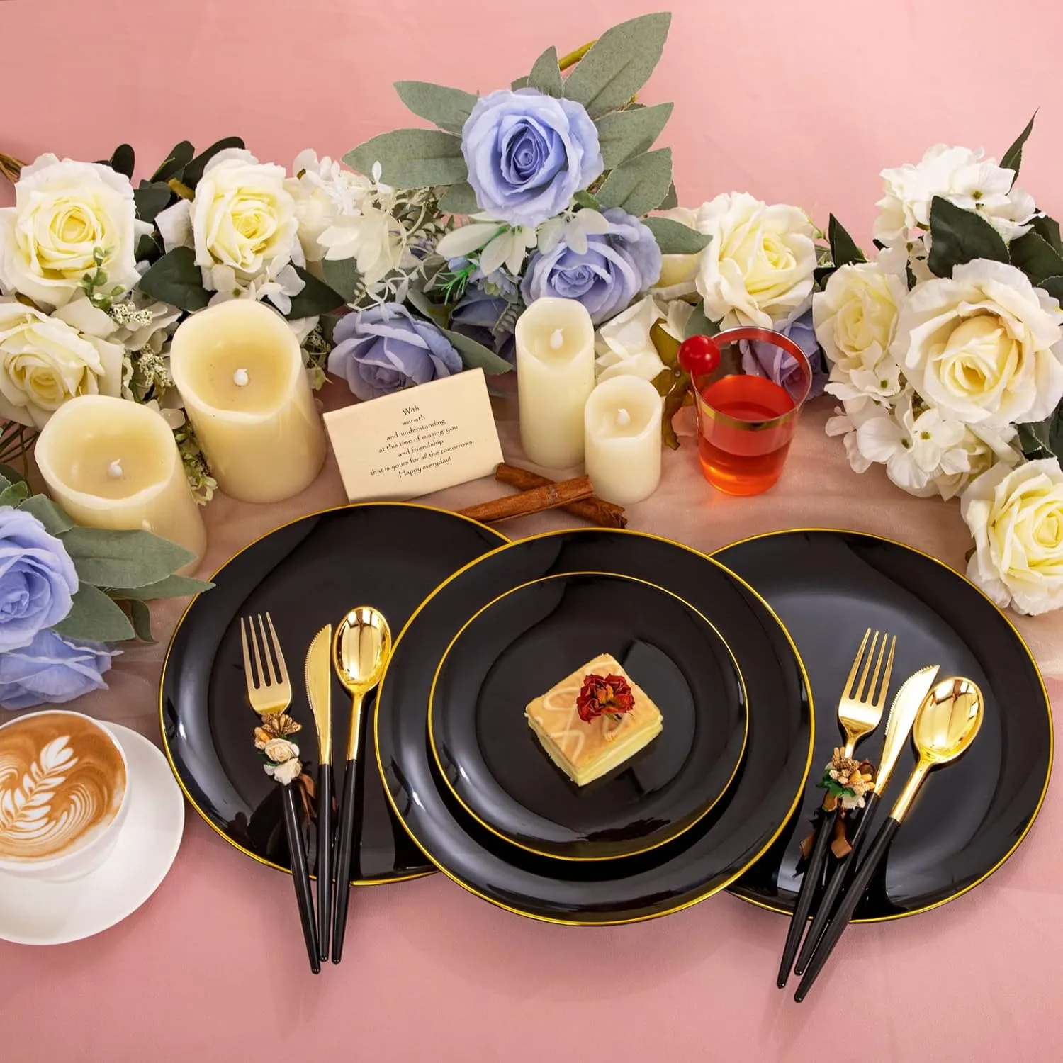 LIYH 180 Pcs Black Plastic Dinnerware Set with Gold Silverware, Disposable Black Plastic Plates, Heavyduty Gold Utensils Set for Parties, Weddings Graduation 30Guests