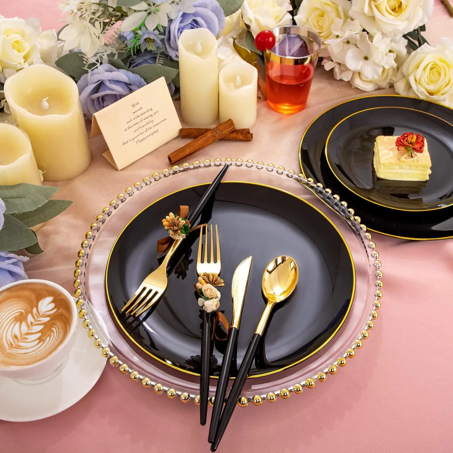 LIYH 180 Pcs Black Plastic Dinnerware Set with Gold Silverware, Disposable Black Plastic Plates, Heavyduty Gold Utensils Set for Parties, Weddings Graduation 30Guests