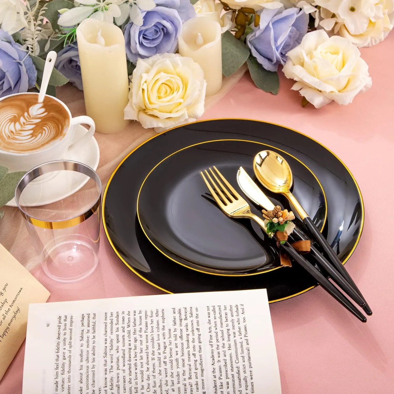LIYH 180 Pcs Black Plastic Dinnerware Set with Gold Silverware, Disposable Black Plastic Plates, Heavyduty Gold Utensils Set for Parties, Weddings Graduation 30Guests