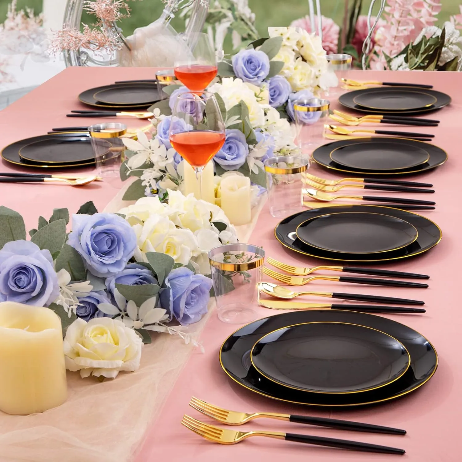 LIYH 180 Pcs Black Plastic Dinnerware Set with Gold Silverware, Disposable Black Plastic Plates, Heavyduty Gold Utensils Set for Parties, Weddings Graduation 30Guests