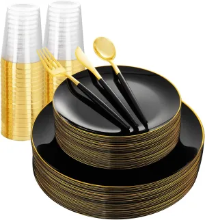 LIYH 180 Pcs Black Plastic Dinnerware Set with Gold Silverware, Disposable Black Plastic Plates, Heavyduty Gold Utensils Set for Parties, Weddings Graduation 30Guests