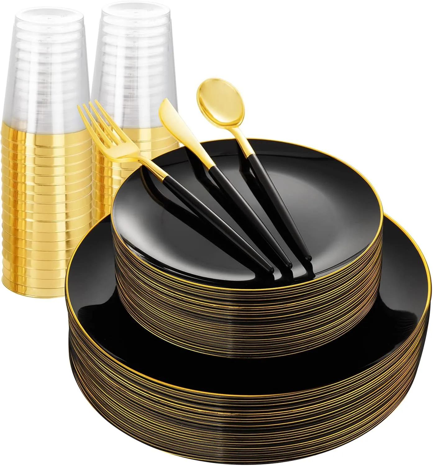 LIYH 180 Pcs Black Plastic Dinnerware Set with Gold Silverware, Disposable Black Plastic Plates, Heavyduty Gold Utensils Set for Parties, Weddings Graduation 30Guests