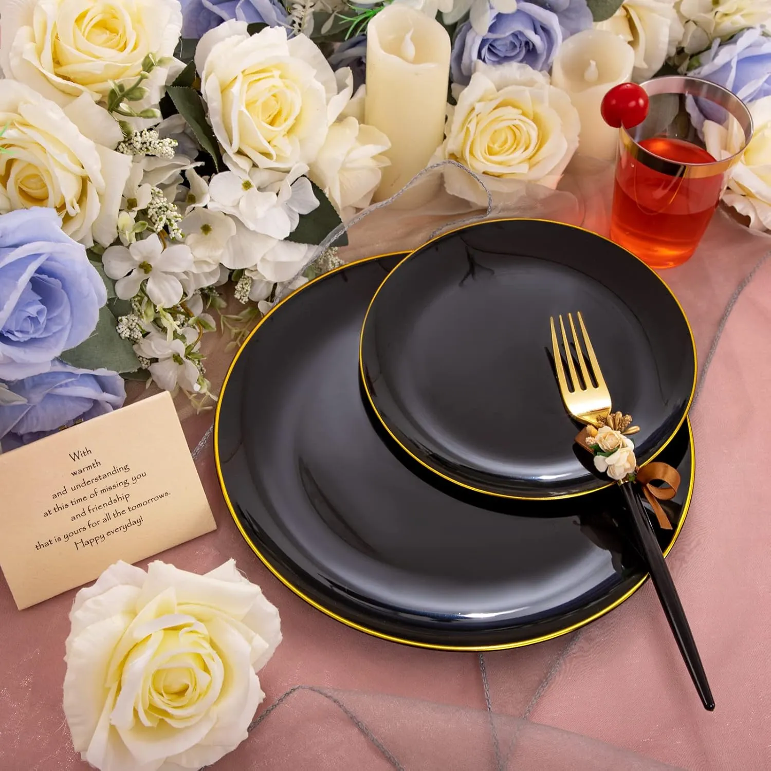 LIYH 180 Pcs Black Plastic Dinnerware Set with Gold Silverware, Disposable Black Plastic Plates, Heavyduty Gold Utensils Set for Parties, Weddings Graduation 30Guests