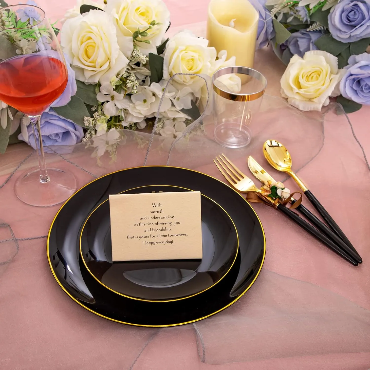LIYH 180 Pcs Black Plastic Dinnerware Set with Gold Silverware, Disposable Black Plastic Plates, Heavyduty Gold Utensils Set for Parties, Weddings Graduation 30Guests