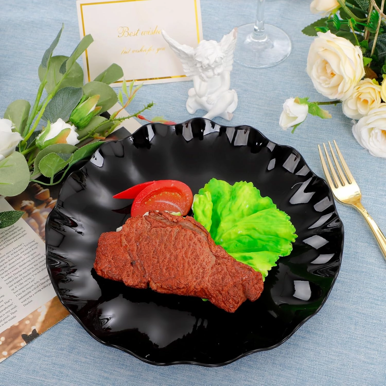 LIYH 24 Pcs Black Reusable Plastic Plates – Unbreakable Camper Dishes, Dishwasher Safe Dinner Plate Dessert Plates, Scalloped Design - Ideal for Parties, Picnics 12Guests