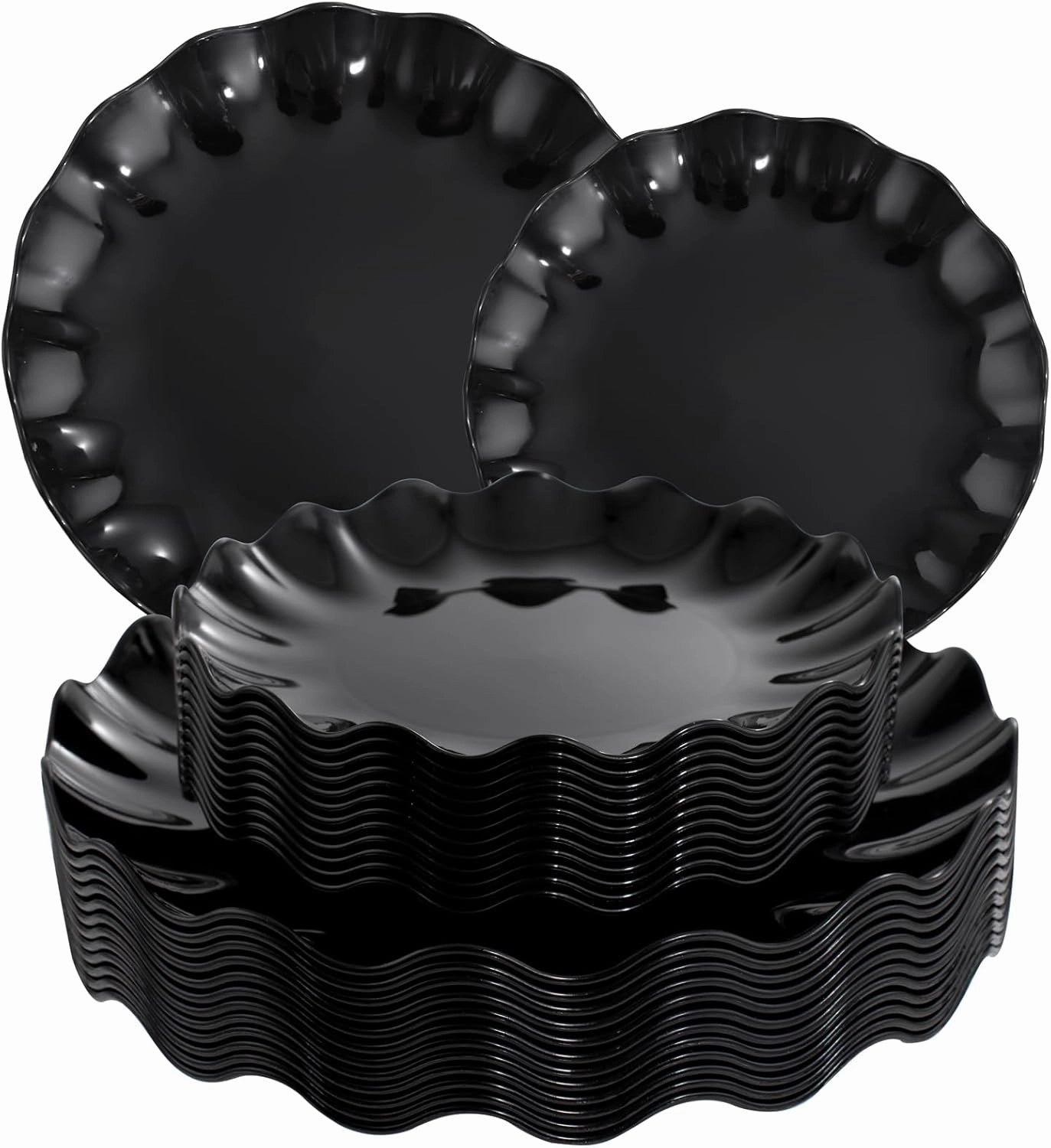 LIYH 24 Pcs Black Reusable Plastic Plates – Unbreakable Camper Dishes, Dishwasher Safe Dinner Plate Dessert Plates, Scalloped Design - Ideal for Parties, Picnics 12Guests