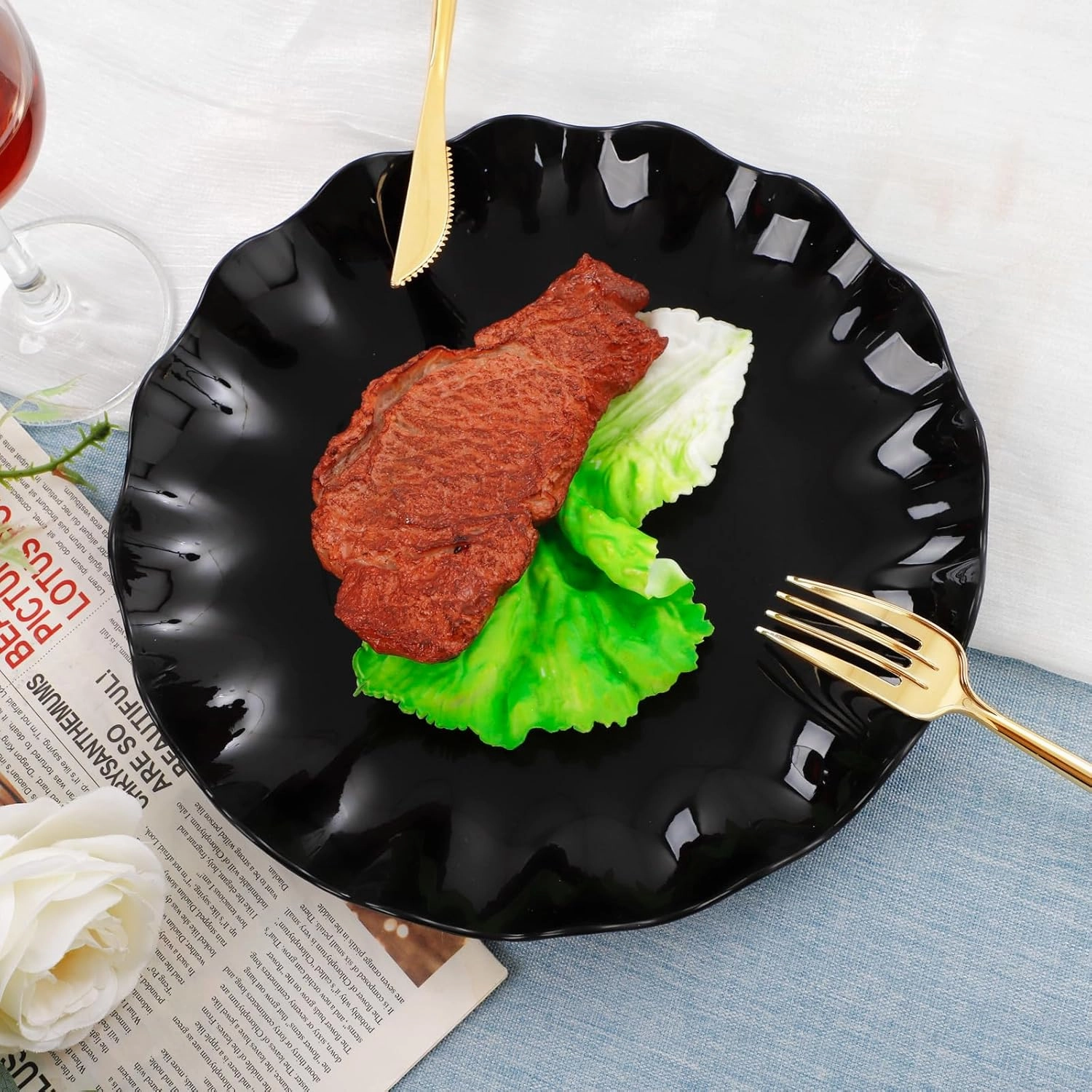 LIYH 24 Pcs Black Reusable Plastic Plates – Unbreakable Camper Dishes, Dishwasher Safe Dinner Plate Dessert Plates, Scalloped Design - Ideal for Parties, Picnics 12Guests