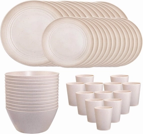 LIYH 48 Pcs Beige Plastic Wheat Straw Dinnerware Set - Reusable Plates and Bowls Sets, Unbreakable Plates Dishes Bowl Cup Outdoor Camper Dish Set for 12