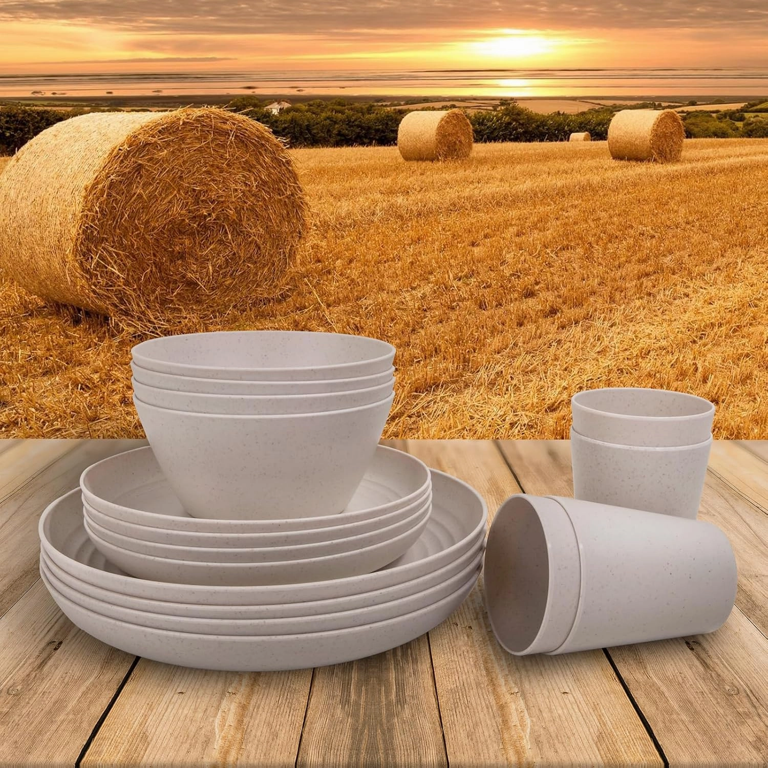 LIYH 48 Pcs Beige Plastic Wheat Straw Dinnerware Set - Reusable Plates and Bowls Sets, Unbreakable Plates Dishes Bowl Cup Outdoor Camper Dish Set for 12