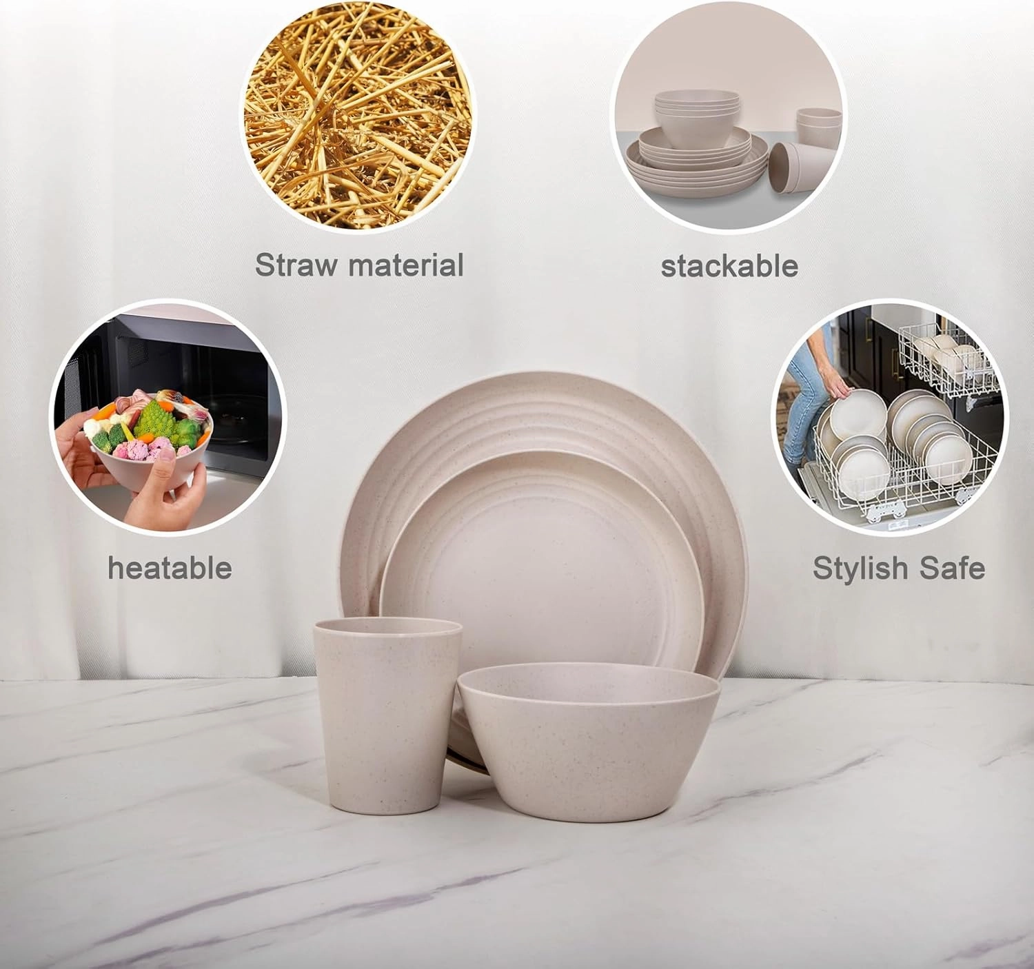 LIYH 48 Pcs Beige Plastic Wheat Straw Dinnerware Set - Reusable Plates and Bowls Sets, Unbreakable Plates Dishes Bowl Cup Outdoor Camper Dish Set for 12