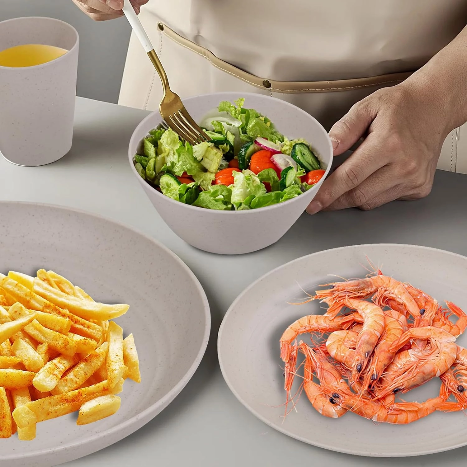LIYH 48 Pcs Beige Plastic Wheat Straw Dinnerware Set - Reusable Plates and Bowls Sets, Unbreakable Plates Dishes Bowl Cup Outdoor Camper Dish Set for 12