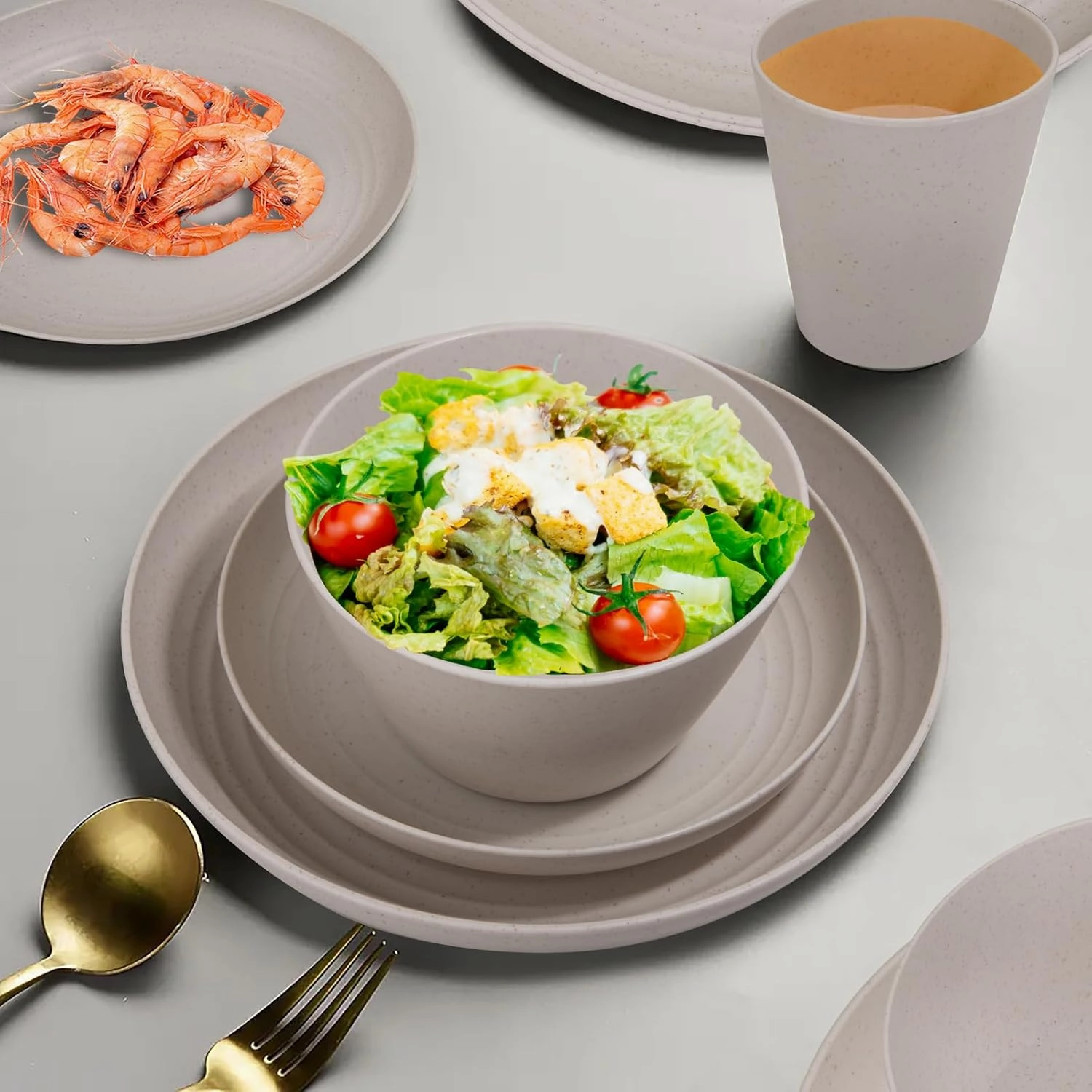 LIYH 48 Pcs Beige Plastic Wheat Straw Dinnerware Set - Reusable Plates and Bowls Sets, Unbreakable Plates Dishes Bowl Cup Outdoor Camper Dish Set for 12