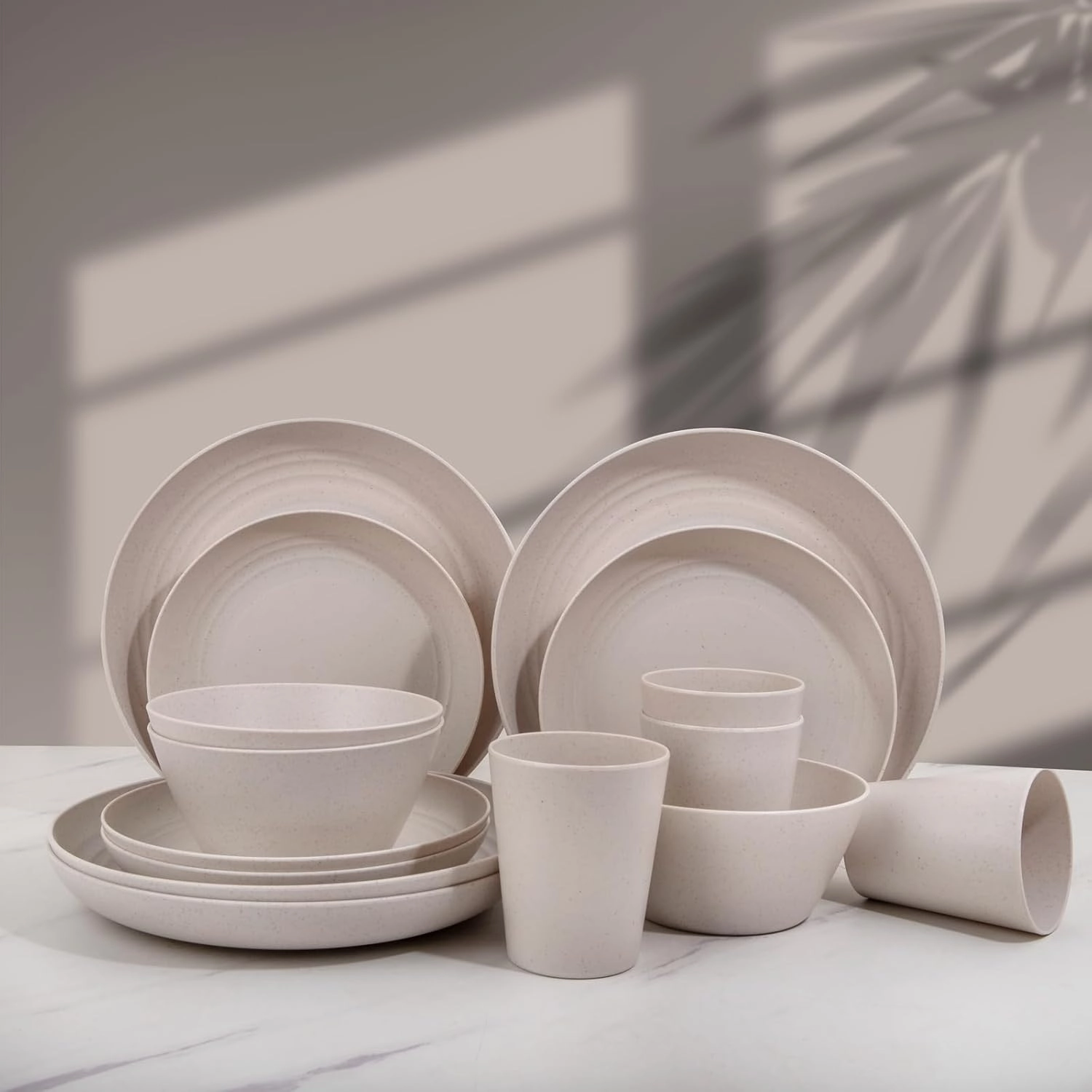 LIYH 48 Pcs Beige Plastic Wheat Straw Dinnerware Set - Reusable Plates and Bowls Sets, Unbreakable Plates Dishes Bowl Cup Outdoor Camper Dish Set for 12