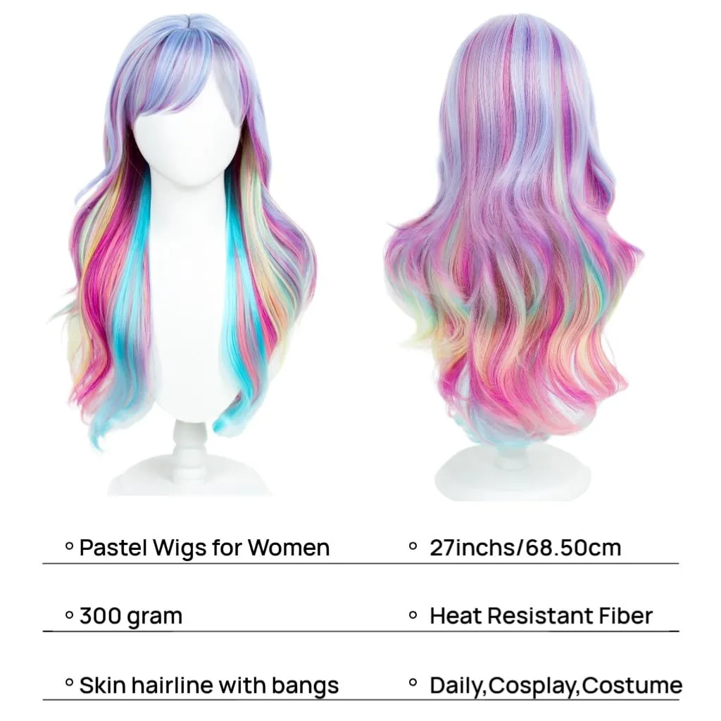 Long Rainbow Wavy Womens Wig Pastel Ocean Wave Long Curly Waving Heat Resistant Hair Wigs for Womens Lady Girls Cosplay Halloween Party Anime Daily (Multicolor)