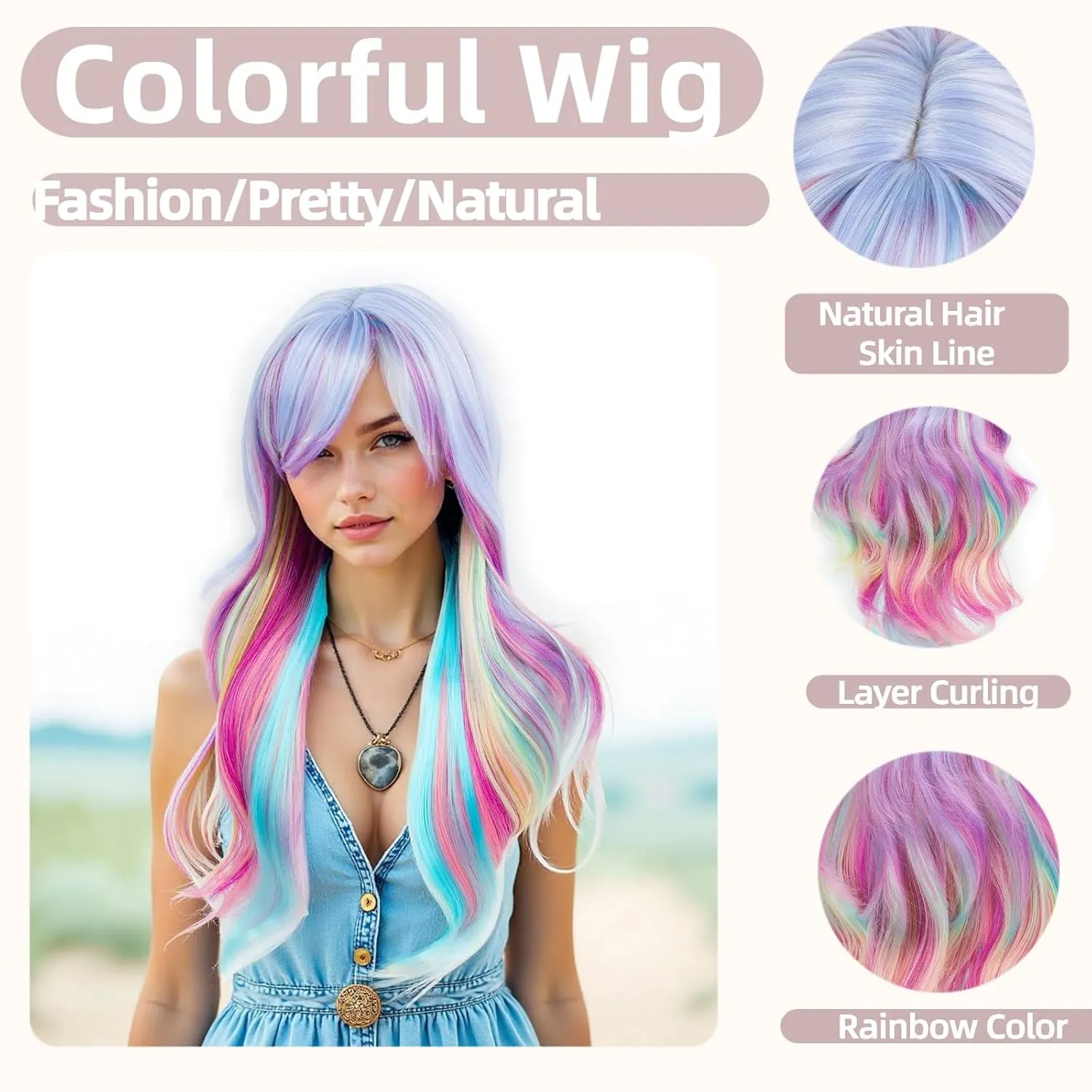 Long Rainbow Wavy Womens Wig Pastel Ocean Wave Long Curly Waving Heat Resistant Hair Wigs for Womens Lady Girls Cosplay Halloween Party Anime Daily (Multicolor)