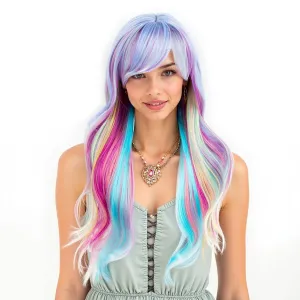 Long Rainbow Wavy Womens Wig Pastel Ocean Wave Long Curly Waving Heat Resistant Hair Wigs for Womens Lady Girls Cosplay Halloween Party Anime Daily (Multicolor)