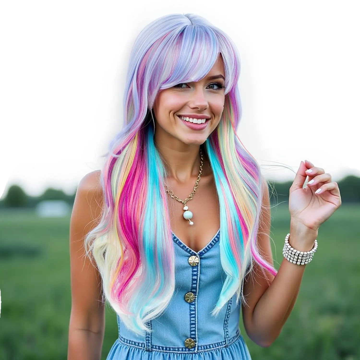 Long Rainbow Wavy Womens Wig Pastel Ocean Wave Long Curly Waving Heat Resistant Hair Wigs for Womens Lady Girls Cosplay Halloween Party Anime Daily (Multicolor)