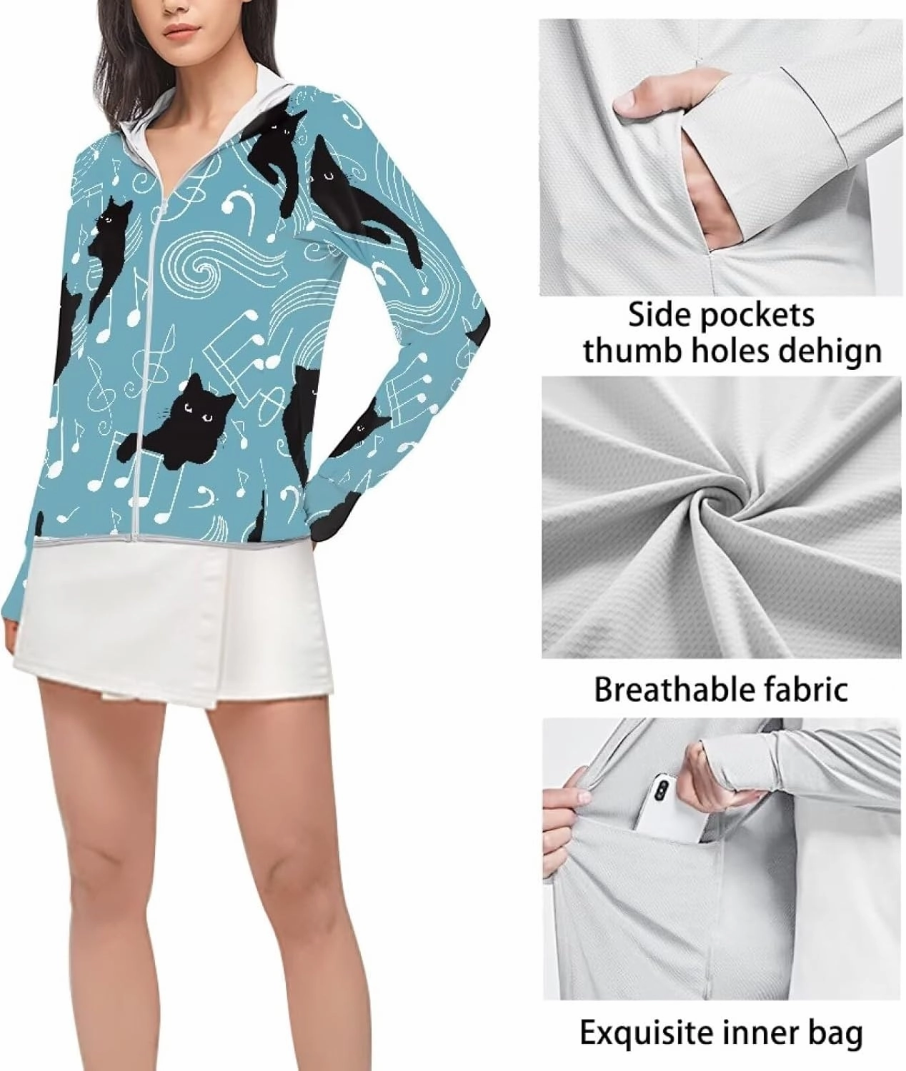 Long Sleeve Uv Protection Shirts Women Casual Loose Full Zip Hiking Running Athletic Hoodie Jacket with Pockets