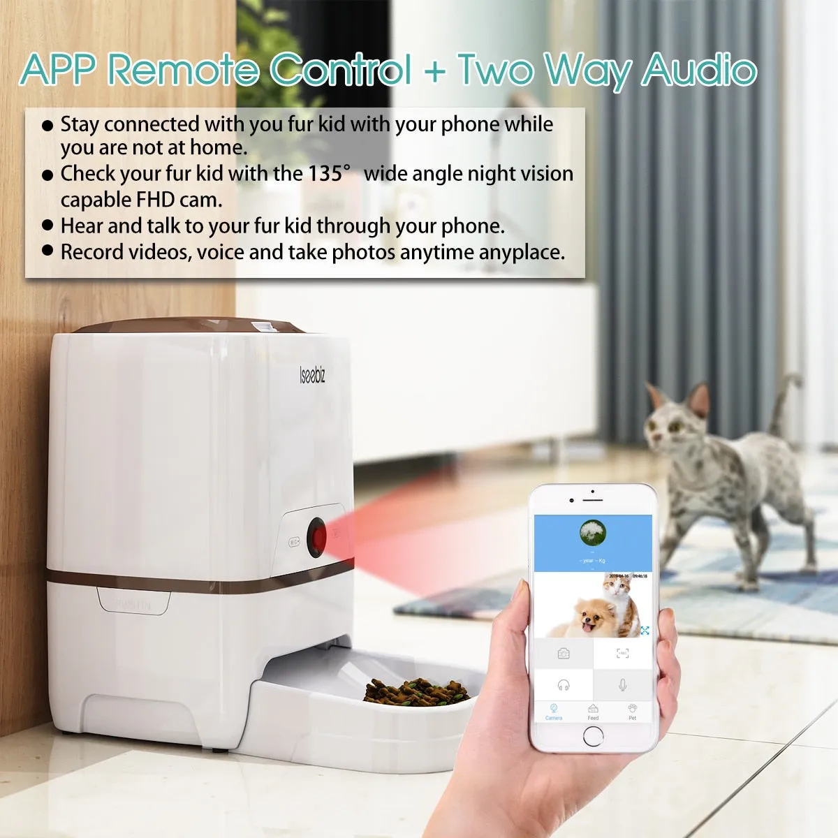 Lseebiz 6L Pet Feeder Smart Dog Dispender with Camera WIFI Cat Food Feeder with Night Vision , USB Charge ,6 Times One Day