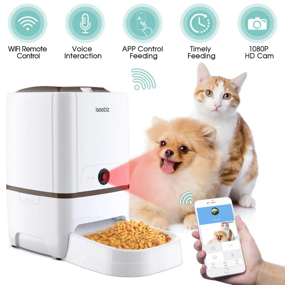 Lseebiz 6L Pet Feeder Smart Dog Dispender with Camera WIFI Cat Food Feeder with Night Vision , USB Charge ,6 Times One Day