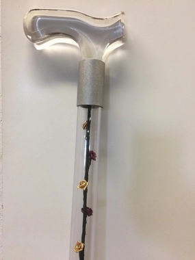 Lucite Acrylic Designer Walking Cane with Burgundy and Gold Silk Flowers (Specify Length)