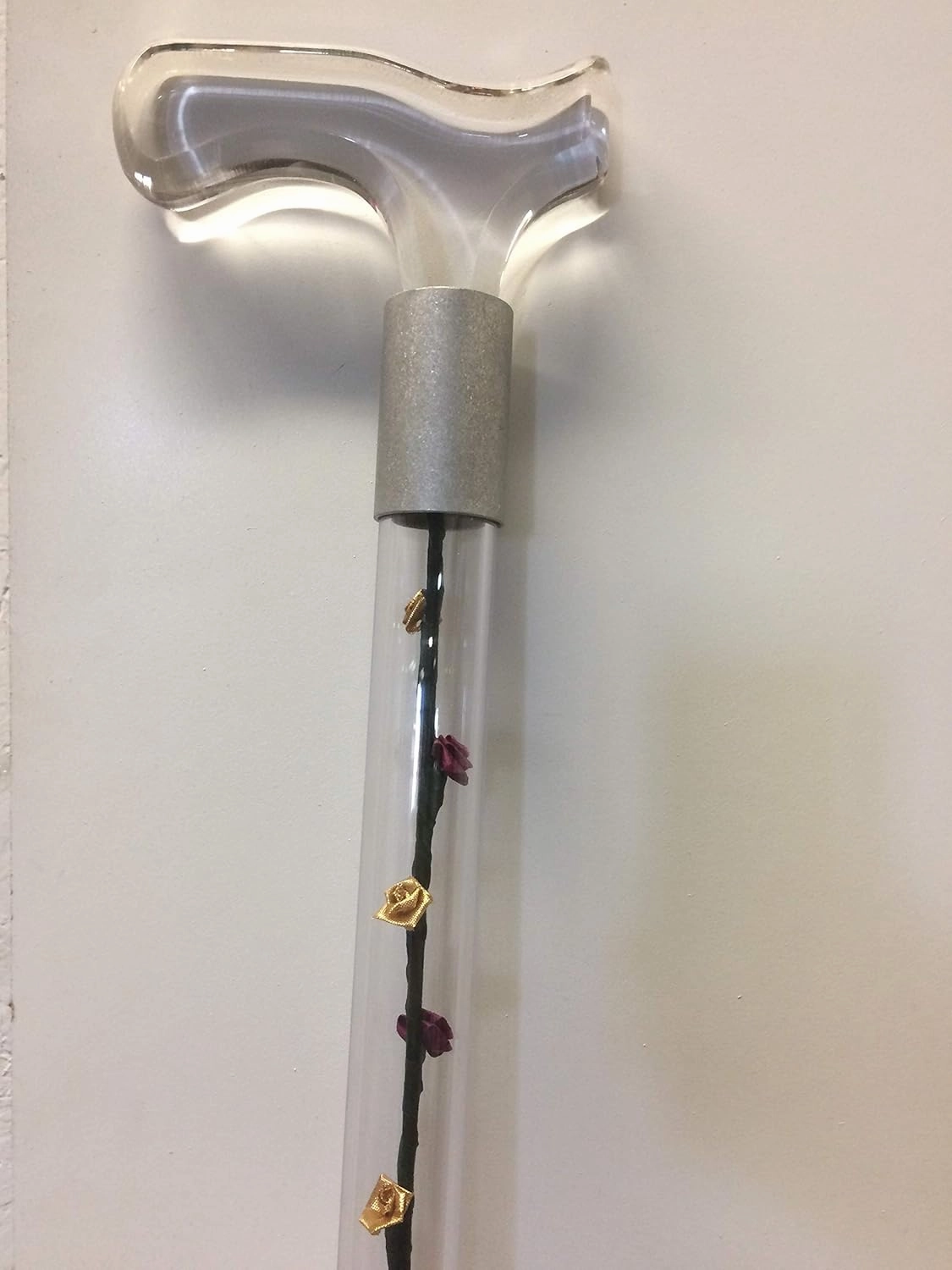 Lucite Acrylic Designer Walking Cane with Burgundy and Gold Silk Flowers (Specify Length)