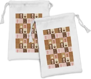 Lunarable Drinks Fabric Pouch Set of 2, Vintage Style Layout of Coffee Cups Steaming Mug Checkered Inspired Details, Small Drawstring Bag for Toiletries Masks and Favors, 9" x 6", Multicolor