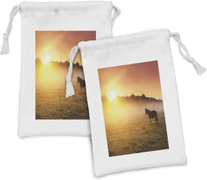 Lunarable Horse Fabric Pouch Set of 2, Horses Grazing on Pasture at Sundown Dramatic Foggy Scenery Print, Small Drawstring Bag for Toiletries Masks and Favors, 9" x 6", Coral Yellow and Brown