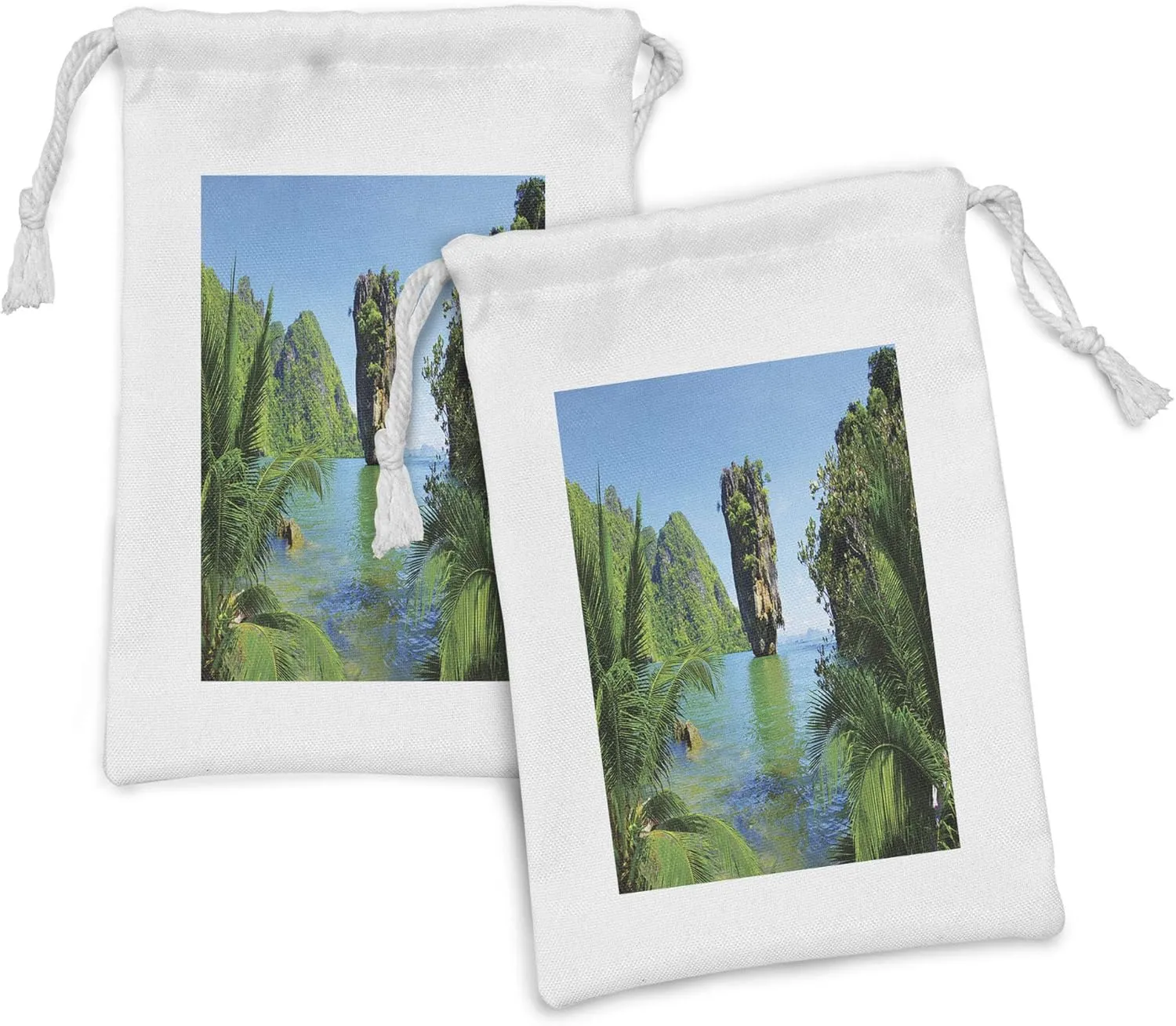Lunarable Island Fabric Pouch Set of 2, James Bond Island Phang Nga in Thailand Filming Cliff Geological Formation Tropics, Small Drawstring Bag for Toiletries Masks and Favors, 9" x 6", Green Blue